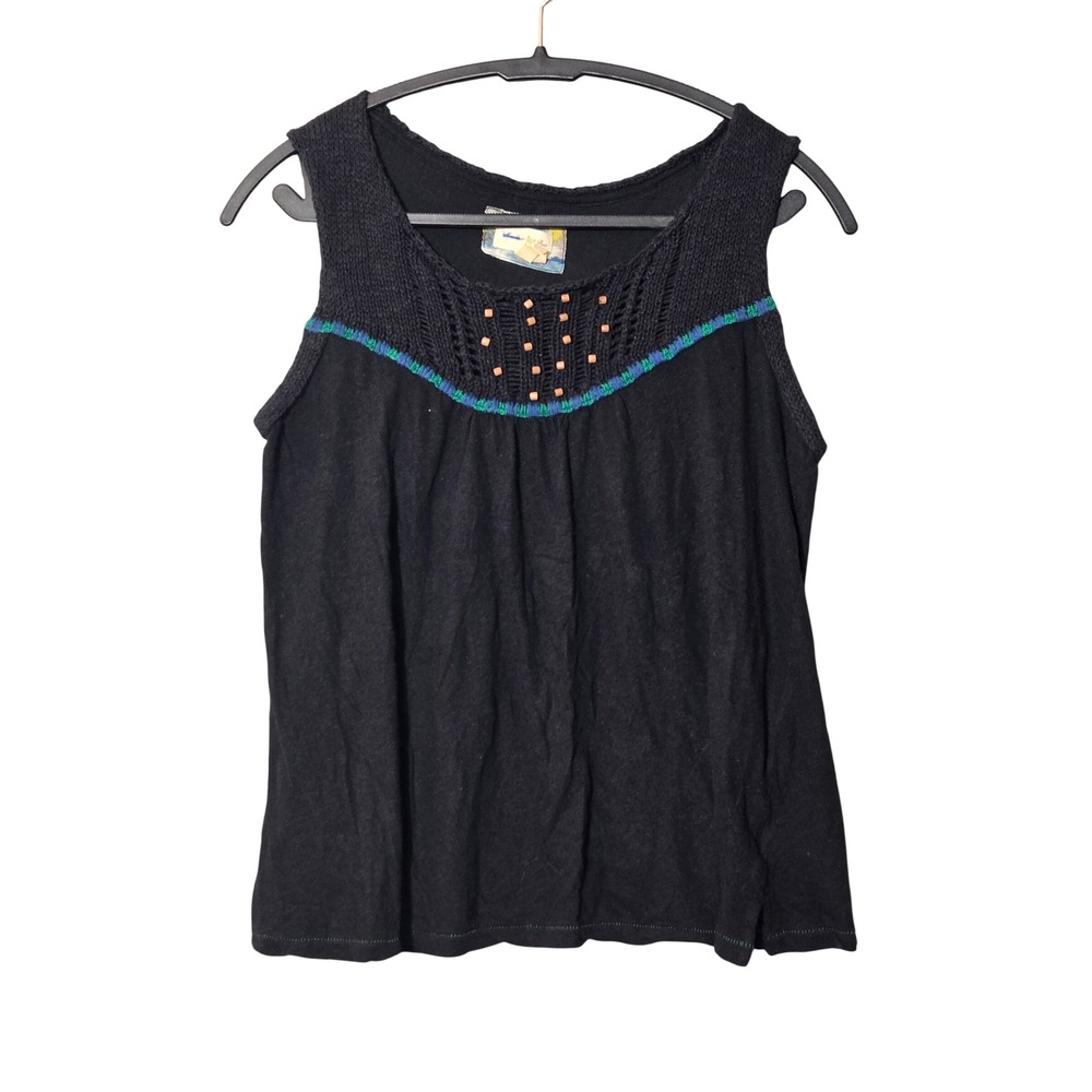 Meadow Rue Anthropologie Linen Crochet Beaded Knit Yoke Tank Top Black M Boho